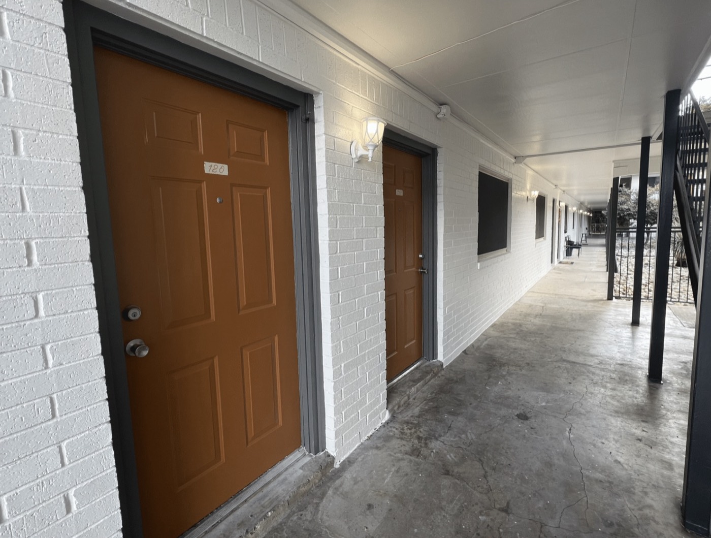 Covered breezeway and apartment entry doors